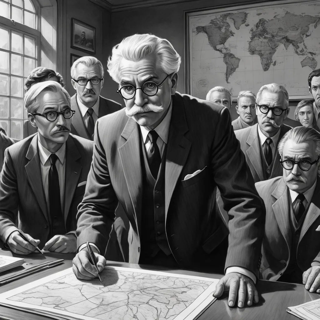 a man in a suit and tie standing in front of a group of men in suits and ties looking at a map, american scene painting, a detailed matte painting, Andrew Loomis, highly detailed digital painting