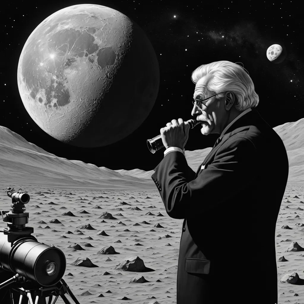 a man standing on top of a desert next to a telescope and a moon in the sky above him, massurrealism, an ultrafine detailed painting, Cliff Childs, surrealist