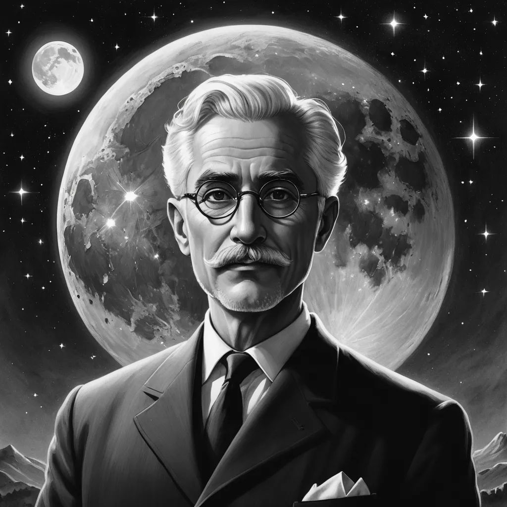 a man in a suit and tie standing in front of a full moon and stars filled sky with stars, massurrealism, a character portrait, Carel Willink, pj crook