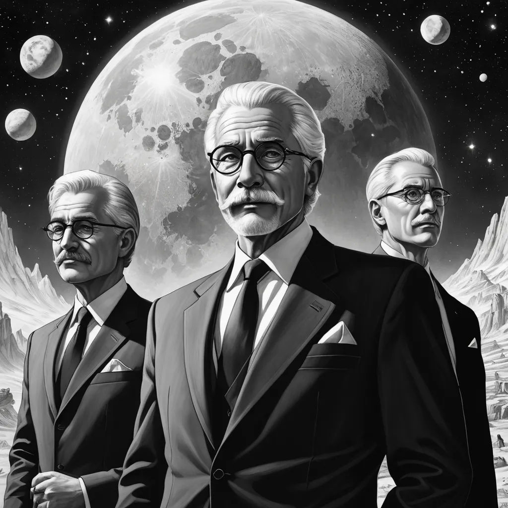 a painting of three men in suits and ties standing in front of a full moon and stars filled sky, fantastic realism, poster art, Barron Storey, promotional image
