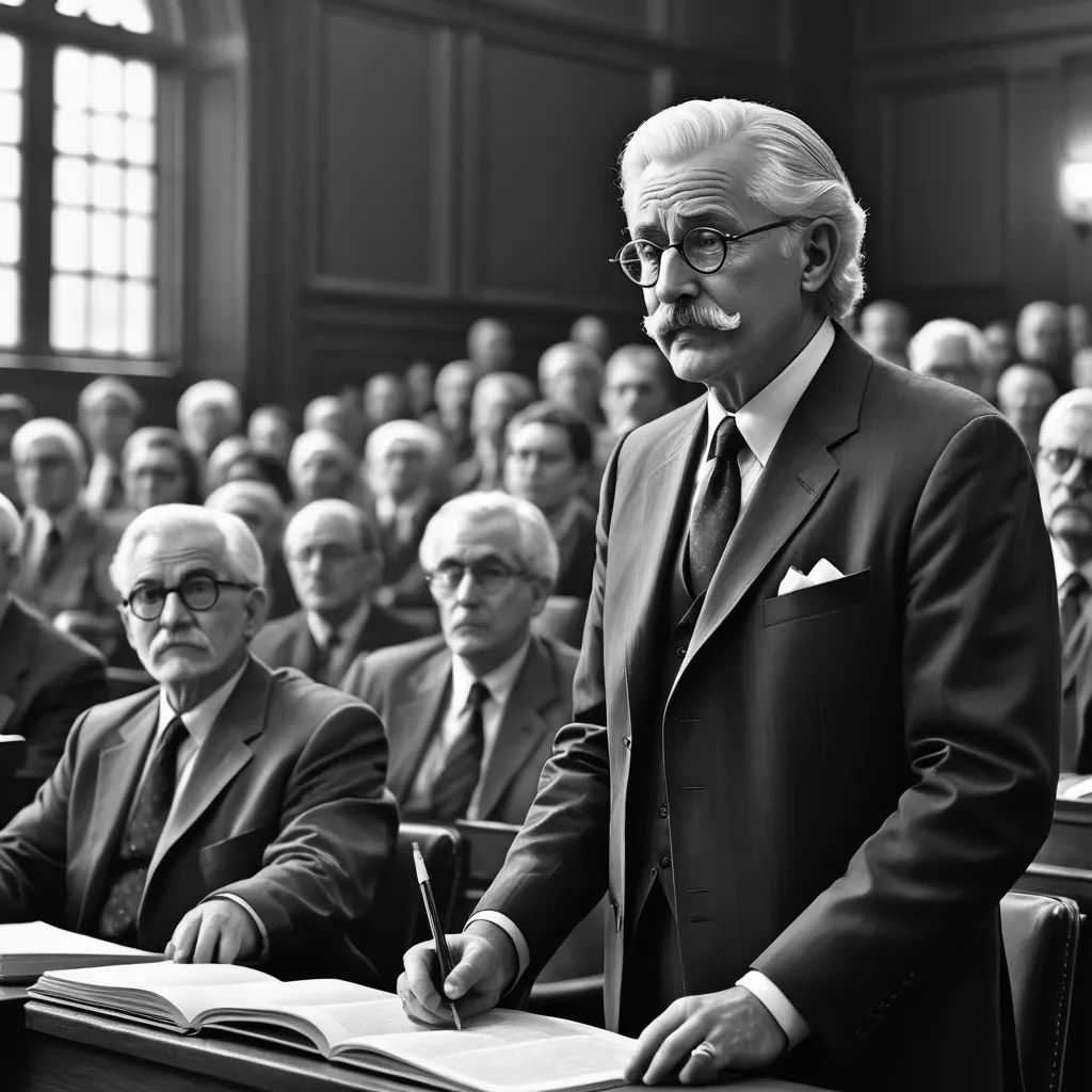 a man in a suit and tie standing in front of a group of people in a courtroom with a pen in his mouth, arbeitsrat für kunst, a black and white photo, Adolf Ulric Wertmüller, vfx