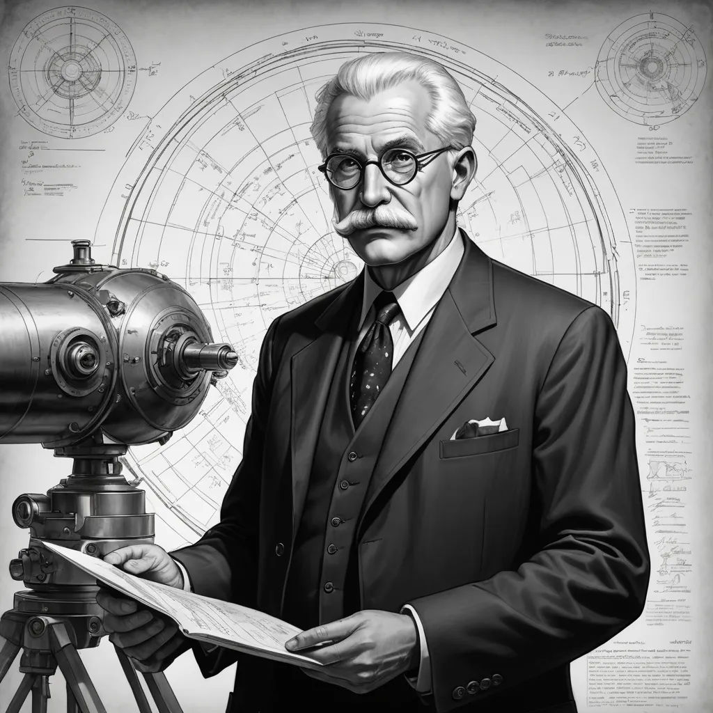 a man in a suit and tie holding a paper next to a telescope and a map of the world, new objectivity, an ultrafine detailed painting, Buckminster Fuller, dieselpunk