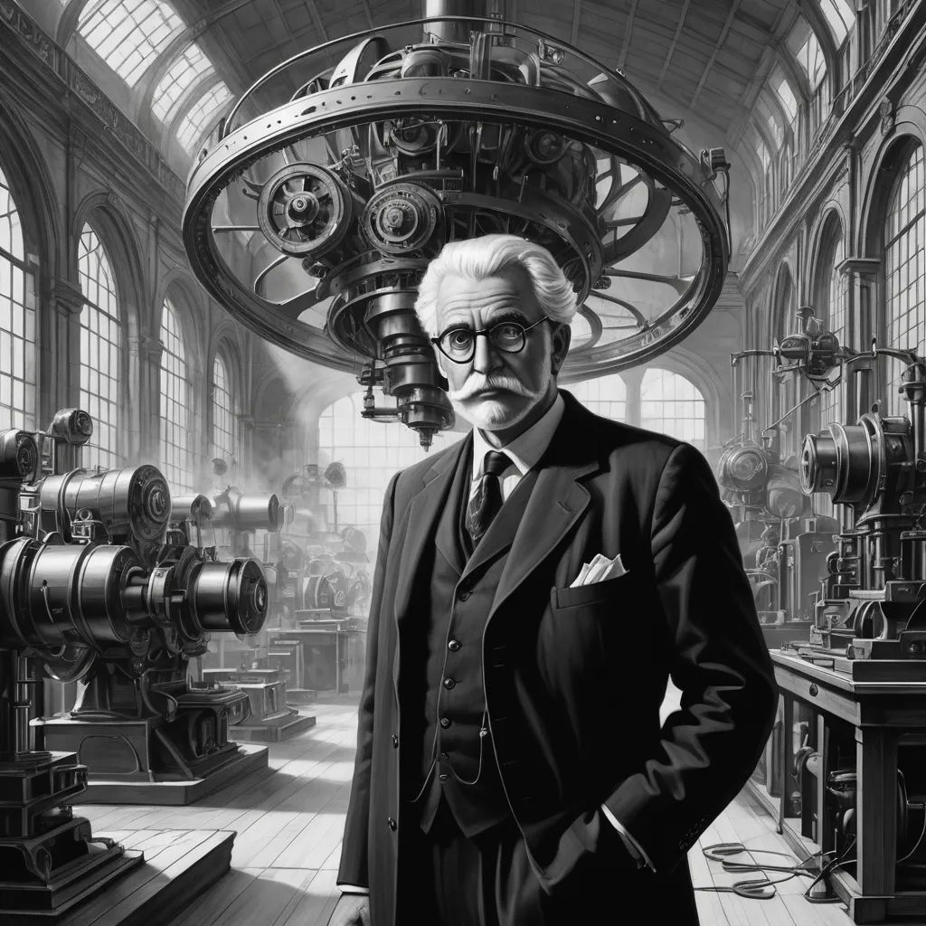 a man in a suit and tie standing in a room with machinery in it and a clock in the background, les automatistes, an ultrafine detailed painting, Cedric Peyravernay, dieselpunk