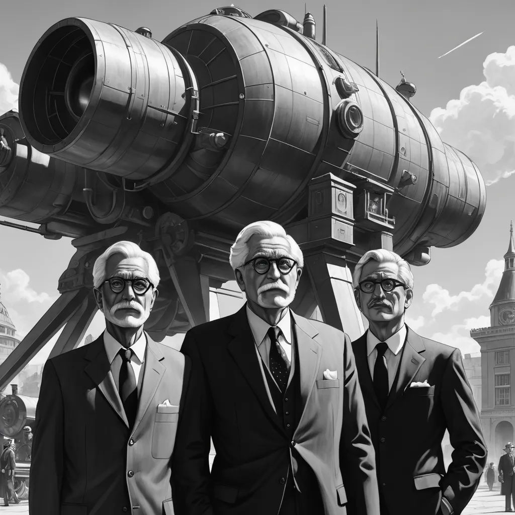 three men in suits standing in front of a giant object with a sky background and clouds in the background, retrofuturism, concept art, Bourgeois, dystopian art