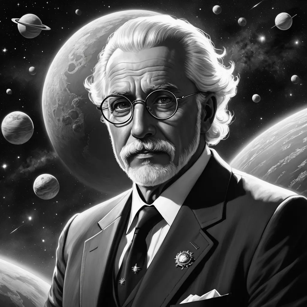 a man in a suit and tie standing in front of a space background with planets and stars in the sky, classical realism, an ultrafine detailed painting, David Brewster, professional digital painting