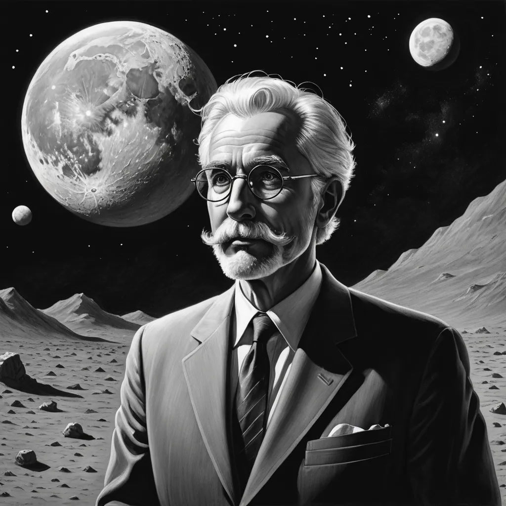 a man in a suit and tie standing in front of a planet with a moon in the background and a rocky landscape, retrofuturism, an ultrafine detailed painting, Carel Willink, pj crook