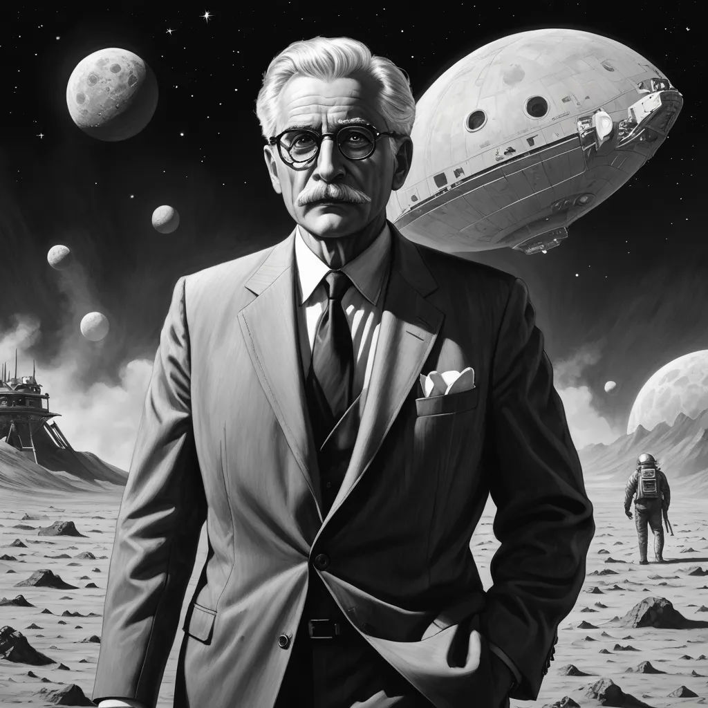 a man in a suit and tie standing in front of a space station with a giant object on the ground, retrofuturism, an ultrafine detailed painting, David A Hardy, science fiction