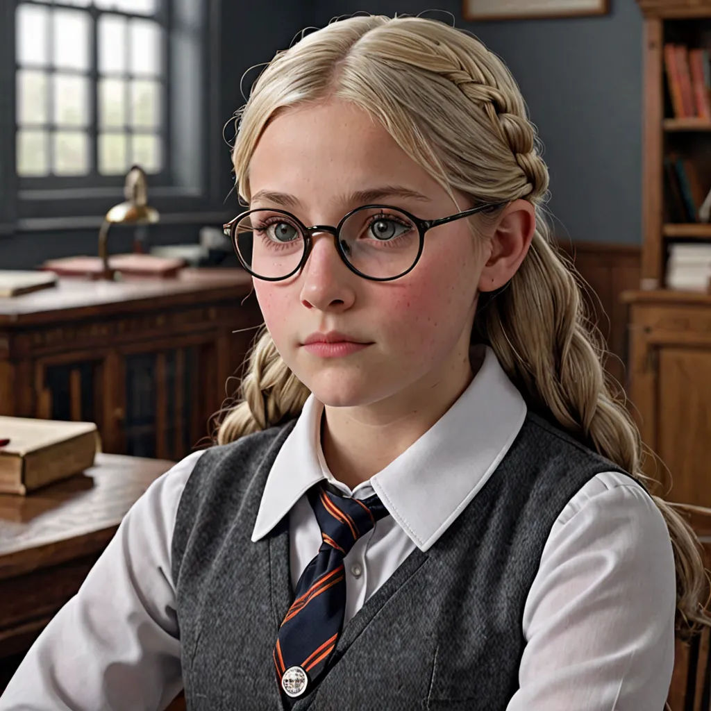 a girl with glasses and a tie sitting at a desk in a room with a bookcase and a window, heidelberg school, a character portrait, Elinor Proby Adams, promotional image