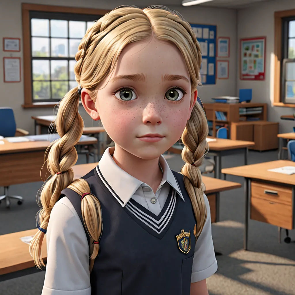 a cartoon girl with braids in a classroom setting with desks and chairs and a desk with a computer monitor, photorealism, a computer rendering, Constance Gordon-Cumming, unreal engine 5 highly rendered