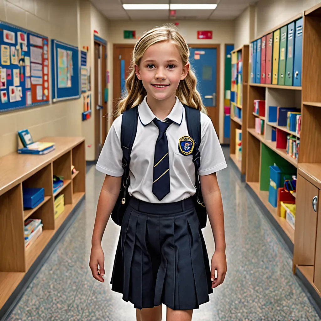 a young girl in a school uniform standing in a hallway with bookshelves and shelves behind her and a smiling girl in a school uniform, heidelberg school, a stock photo, Christian Hilfgott Brand, promotional image