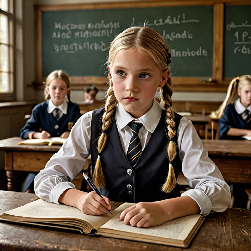 a girl sitting at a desk with a book and pen in her hand and two other girls sitting at desk behind her, danube school, a colorized photo, Artur Tarnowski, promotional image