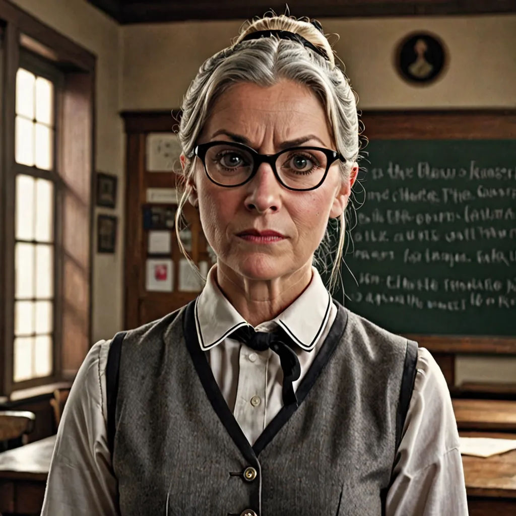 a woman in glasses and a vest standing in a room with a chalkboard on the wall behind her, vancouver school, a character portrait, Alison Debenham, promotional image