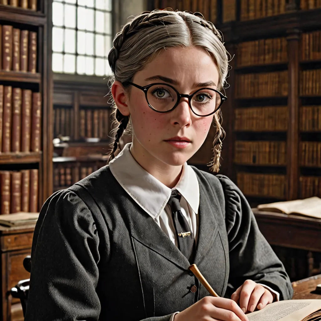 a woman in a library with a book and a pen in her hand and a book in her hand, pre-raphaelitism, a character portrait, Arabella Rankin, promotional image