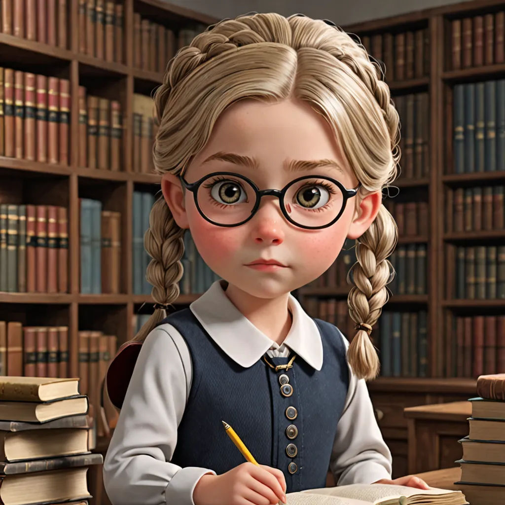 a cartoon girl with glasses sitting at a desk with books and a pencil in her hand and a bookcase behind her, photorealism, a character portrait, Clarice Beckett, cgstudio
