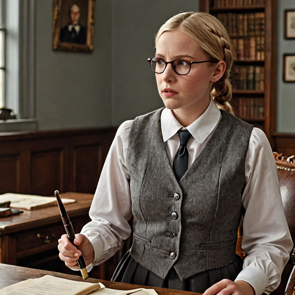 a woman in a suit and tie sitting at a desk with a pen and paper in her hand and a book in her other hand, aestheticism, a character portrait, Constance Gordon-Cumming, promotional image