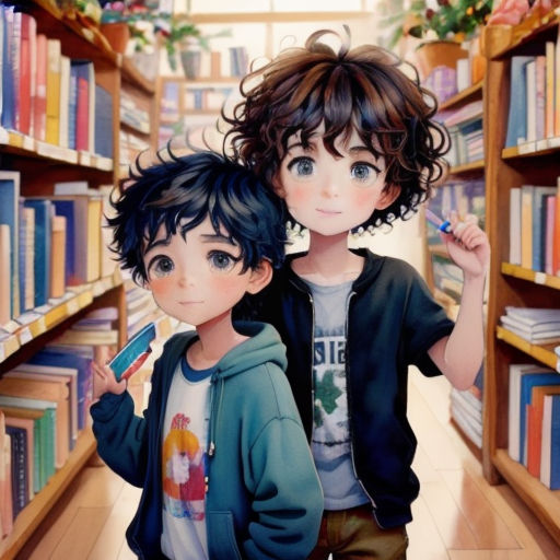 a boy and a girl are standing in a library with bookshelves and a toothbrush in their hands