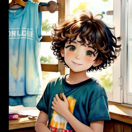 a painting of a boy holding a cup of coffee in front of a window with clothes hanging on a line