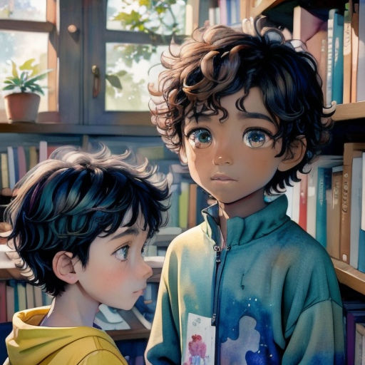a boy and a girl are looking at each other in a library with bookshelves and books on the shelves