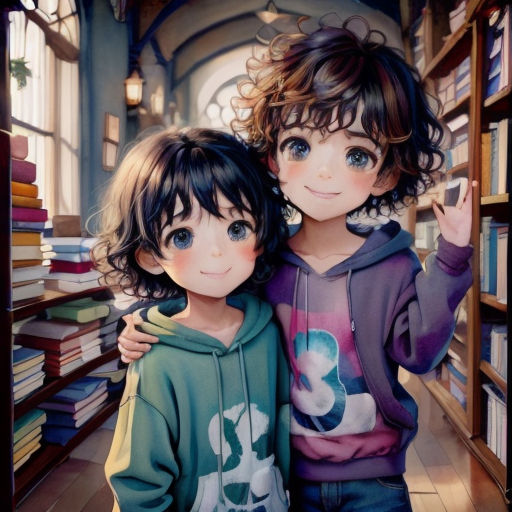 two children standing in front of a book shelf with books on it's shelves and one child holding the arms of the other