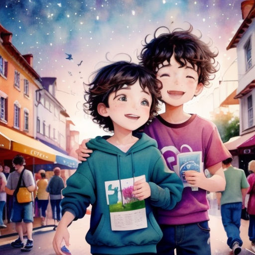 two children are standing in the street with a book in their hands and a sky full of stars behind them