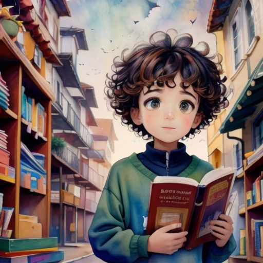 a painting of a boy reading a book in a library with a bird flying overhead and a bird flying overhead