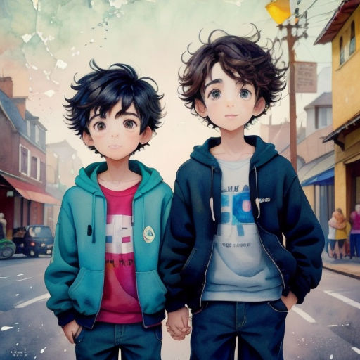 two young boys standing next to each other on a street with buildings in the background and a sky with clouds