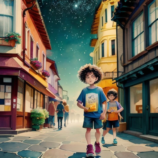 a painting of a boy and girl walking down a street in front of a sky full of stars and a shooting star