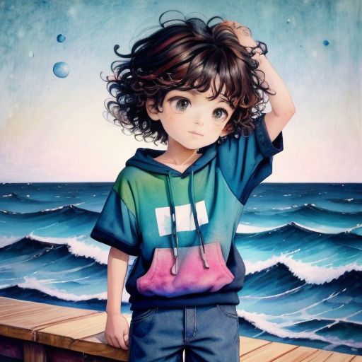 a painting of a young boy standing on a pier by the ocean with a blue sky and ocean waves