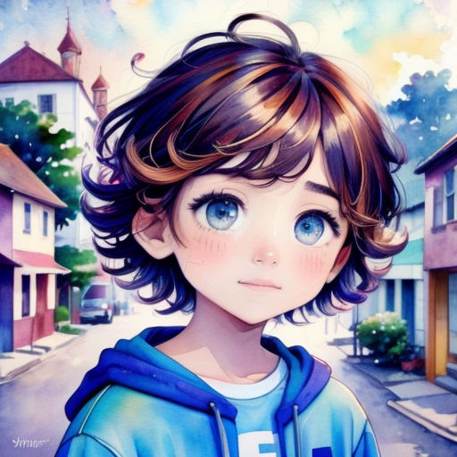 a painting of a boy with blue eyes and a hoodie on a street corner with houses in the background