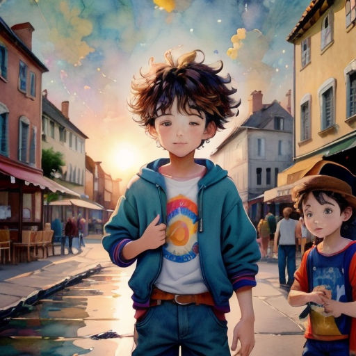 a painting of a boy and a girl walking down a street with balloons flying in the sky above them