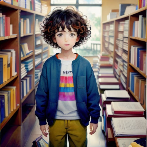 a young boy standing in a library with books on shelves behind him and a window in the background with a bookcase behind him