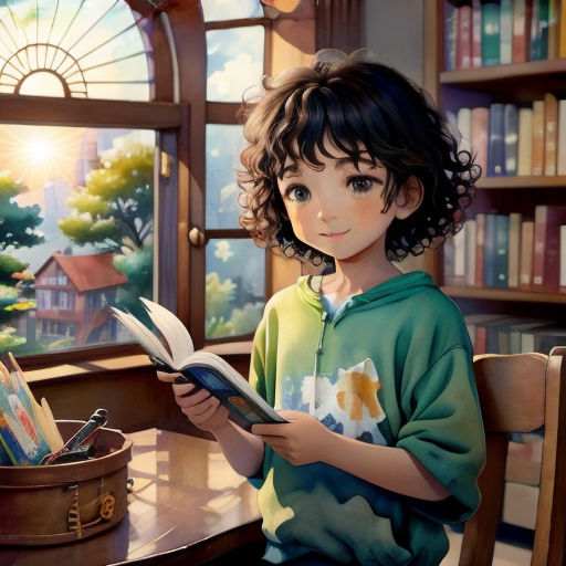 a painting of a young girl reading a book in a library with a window in the background and a book case in the foreground