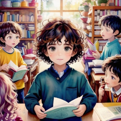 a painting of a boy reading a book in a library with other children around him and a girl reading a book