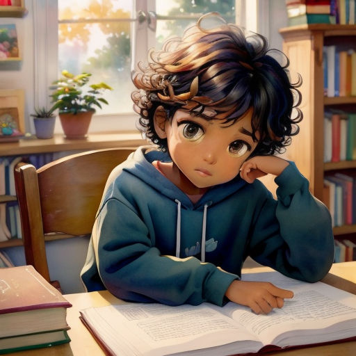 a painting of a child sitting at a desk with a book in front of him and a book in front of him