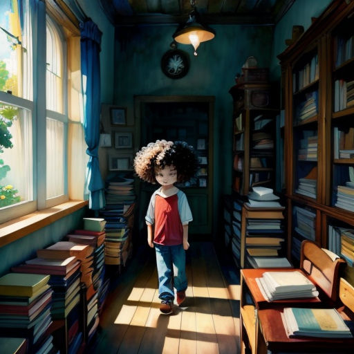 a painting of a child in a library with books on the shelves and a clock on the wall above