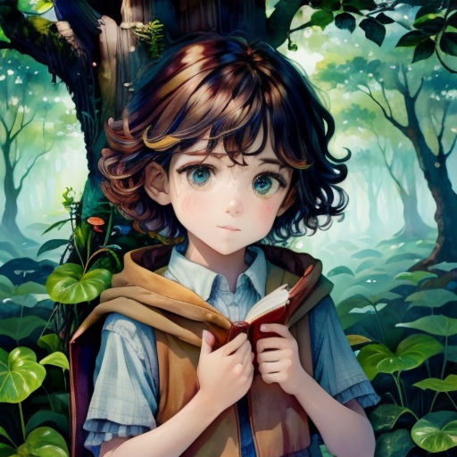 a painting of a girl reading a book in the woods with a tree in the background and a bird perched on the tree