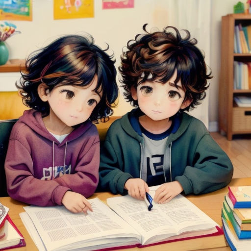 two children sitting at a table with books and a pen in their hands and a clock on the wall