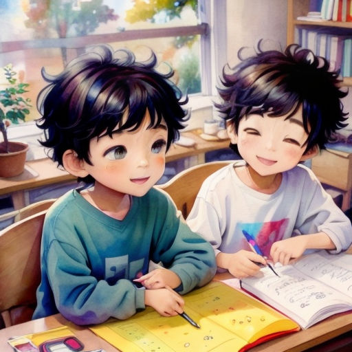 two children sitting at a desk with a book and pen in front of them, and a book open to a page