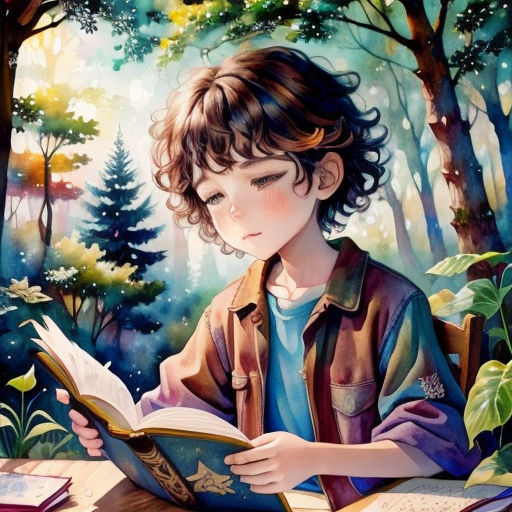 a painting of a boy reading a book in the woods with trees and flowers in the background, with a forest scene in the background