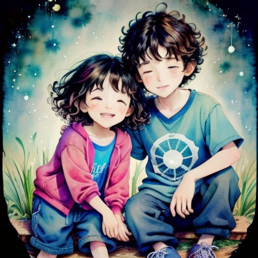 a painting of two children sitting on the ground together, one is smiling and the other is smiling at the camera