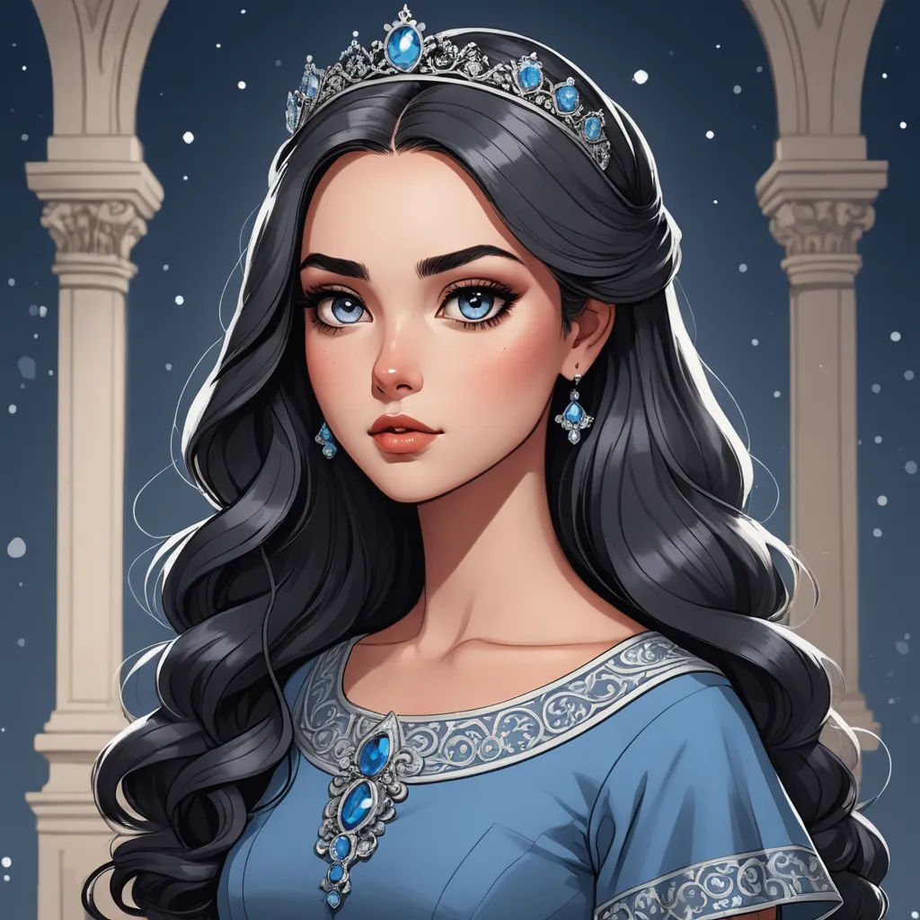 a woman with long hair wearing a tiara and a blue dress with a snow background and columns in the background, fantasy art, a character portrait, Charlie Bowater, beautiful detailed