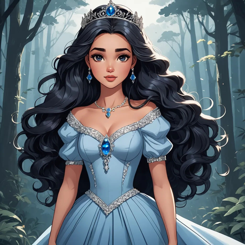 a cartoon of a woman in a blue dress in a forest with trees and leaves behind her is a tiara, fantasy art, a character portrait, Anne Stokes, kinkade