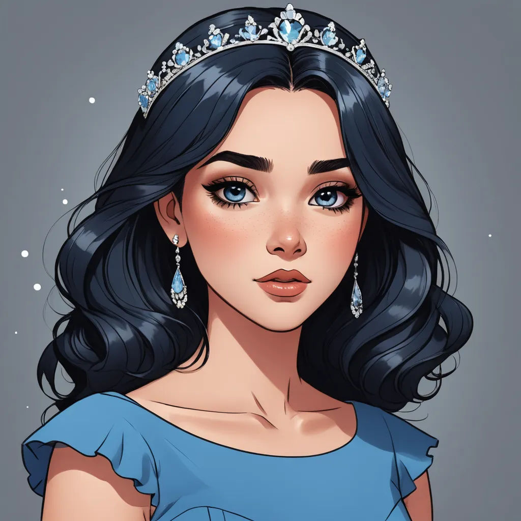 a woman with a tiara on her head and blue eyes and a blue dress on her head, with snow falling around her, fantasy art, a character portrait, Charlie Bowater, fantasy character portrait