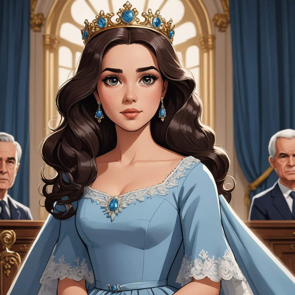 a cartoon of a woman in a blue dress with a crown on her head and a man in a suit behind her, sots art, concept art, Charlie Bowater, game art