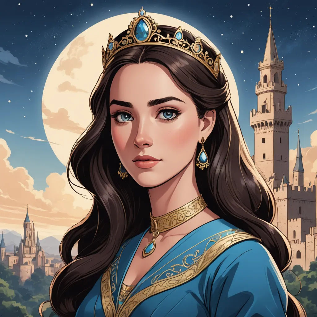 a woman in a blue dress with a tiara on her head and a castle in the background with a full moon, fantasy art, a character portrait, Charlie Bowater, rossdraws global illumination
