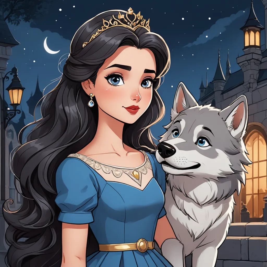 a woman in a blue dress holding a wolf in front of a castle at night with a moon and stars in the sky, sots art, a character portrait, disney, kinkade