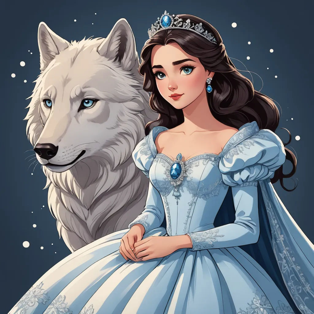 a woman in a blue dress next to a wolf wearing a tiara and a blue dress with a white wolf, fantasy art, a storybook illustration, Anne Stokes, 2 d game art