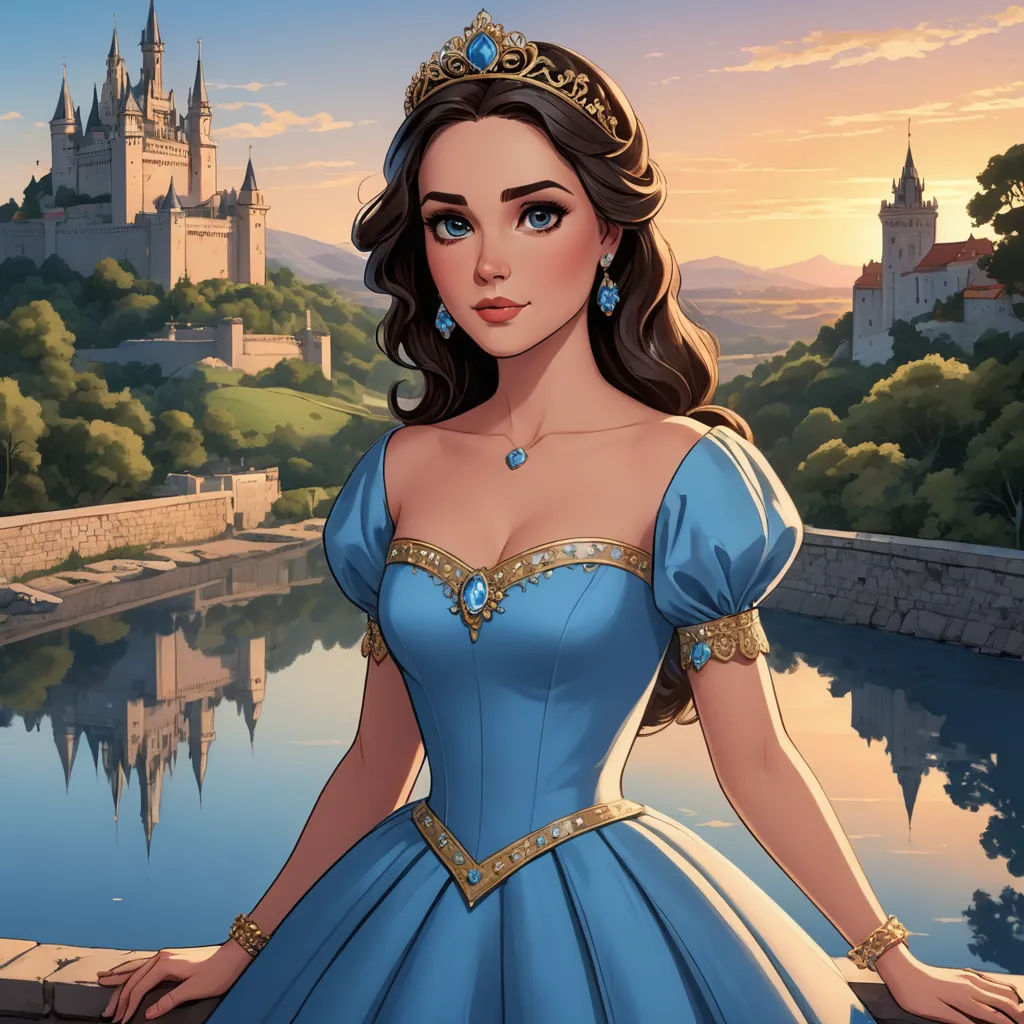 a cartoon of a woman in a blue dress standing in front of a castle and a lake with a castle in the background, fantasy art, a character portrait, disney, kinkade