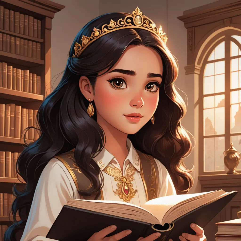 a woman in a library reading a book with a crown on her head and a book in her hands, fantasy art, a storybook illustration, Charlie Bowater, rossdraws global illumination