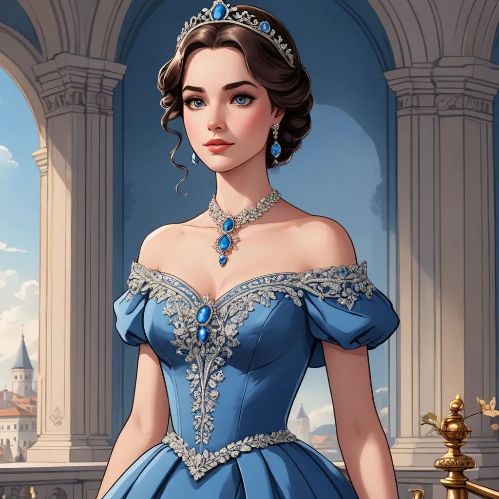 a woman in a blue dress standing in front of a balcony with a clock tower in the background and a blue dress with a tiara on, fantasy art, a character portrait, Clarice Beckett, kinkade